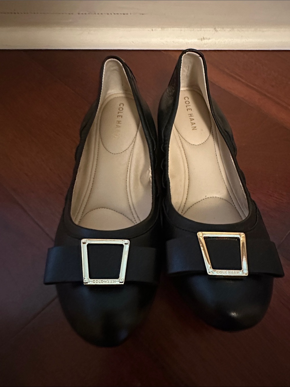 Cole Haan Black Leather Ballet Flats with Gold Square Buckles never worn new